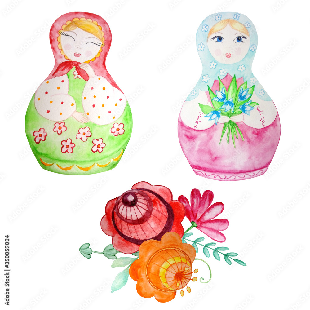 two russian nesting dolls watercolor