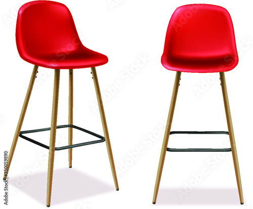3d realistic vector bar or restaurant stool in front and side view. Isolated on white background. Red plastic and wood.