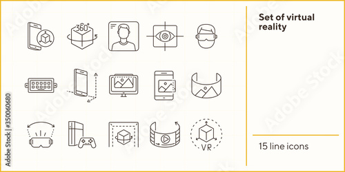 Set of virtual reality icons. Mobile and cube, eye scanner, game consol. Virtual reality concept. Vector illustration can be used for topics like VR, modern technologies, inventions