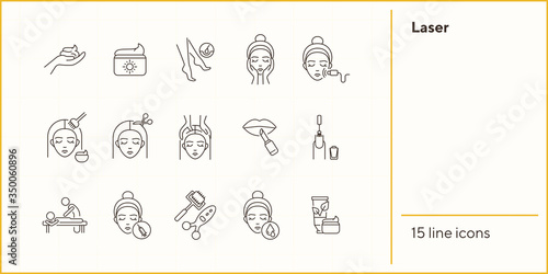 Laser line icon set. Cream, hairdressing, makeup, injection. Beauty care concept. Can be used for topics like skin care, female face, beauty salon