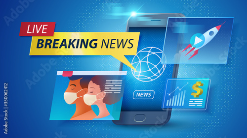 Online news on smart devices concept. Watching Breaking news and updates LIVE anytime anywhere using a smartphone. Flat design of smartphone usability. Vector illustration.