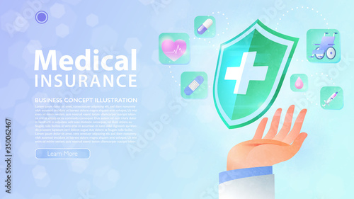 Medical insurance concept. Doctor's hand holding a medical protection shield and medical related icons with a careful gesture. Medical healthcare landing page. Vector illustration.