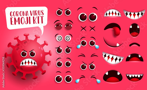 Corona virus emoji kit vector set. Covid19 coronavirus smiley and emoticon face creation eyes and mouth with angry facial expression isolated in red background. Vector illustration. 
