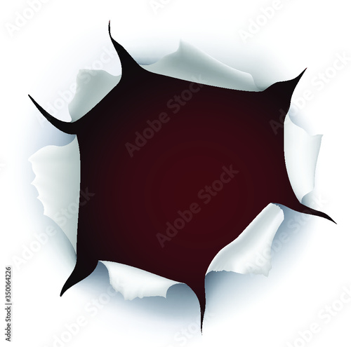 3d realistic vector paper torn hole on white background with red hole, template design with space for text.