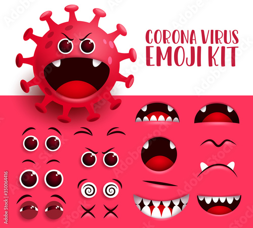 Corona virus emoji kit vector set. Covid19 red ncov virus smiley icon and emoticon creation kit eyes and mouth with happy facial expression for editable bacteria. Vector illustration.   
