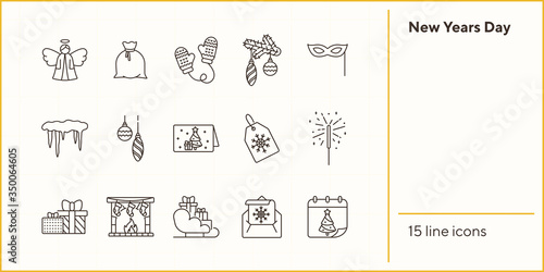 New Years Day thin line icon collection. Bengal fire, calendar, angel sign pack. Winter holidays concept. Vector illustration symbol elements for web design and apps