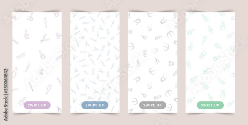 Stories template. Set of manicure background with doodle icons. Mobile backdrop for popular social media. Perfect for blogging and shop.