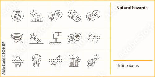 Natural hazards icons. Set of line icons. Liquid wastes, melting planet, tornado. Ecology concept. Vector illustration can be used for topics like environment protection, nature