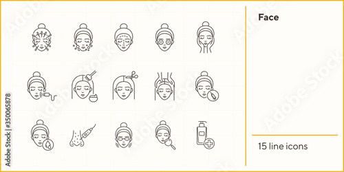 Face line icon set. Woman, female, head, massage, moistening, peeling. Beauty care concept. Can be used for topics like skin care, cosmetologist, dermatology