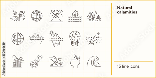 Natural calamities icons. Set of line icons. Forest fire, earthquake, melting glacier. Ecology concept. Vector illustration can be used for topics like environment protection, nature
