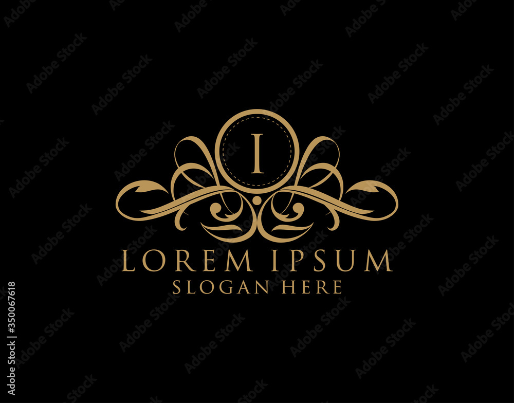 Luxury I Letter Logo, Flourishes calligraphic monogram emblem template for Restaurant, Boutique,Wedding, Hotel, Photography, Fashion and Label.
