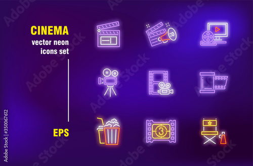 Cinema set in neon style. Camera, film and clapperboard. Vector illustrations for night bright advertisement. Filmmaking and cinematography concept