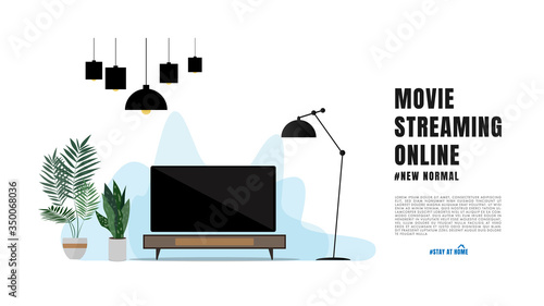 Movie streaming online at home new normal lifestye concept ,After Corona virus Covid-19 , Stay at home,Isolated on white background ,Vector illustration EPS 10