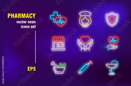 Pharmacy collection in neon style. Heart, nurse and syringe. Vector illustrations for bright banners. Healthcare and medicine concept