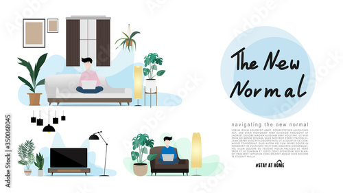 New normal lifestye concept ,After Corona virus Covid-19 Work from home , Stay at home an movie streaming online at home  ,Isolated on white background ,Vector illustration EPS 10