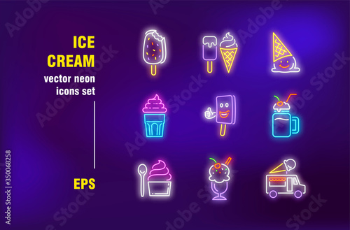 Ice cream set in neon style. Conus, chocolate and cream. Vector illustrations for bright billboards. Dessert and frozen food concept