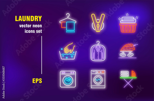 Laundry set in neon style. Clothes, washing machine and smoothing iron. Vector illustrations for bright banners. Washing and cleaning concept