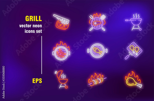Grill set in neon style. Sausages, fish and chicken legs. Vector illustrations for bright billboards. Picnic and grilled food concept