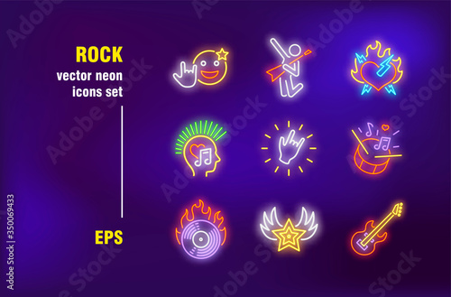 Rock neon signs set. Music, guitar and rocker. Vector illustrations for night bright advertisement. Concert and entertainment concept