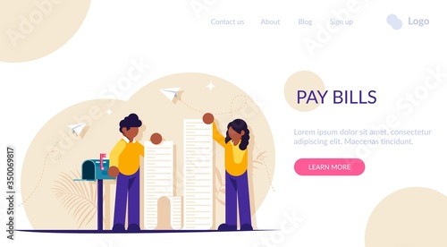 Man with long check for payment stands near mailbox. Modern flat vector illustration