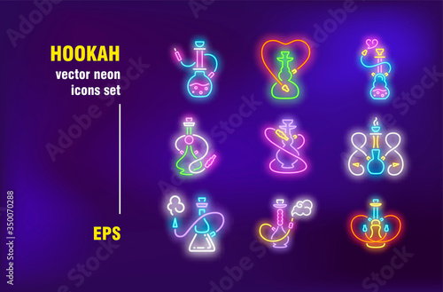 Hookah collection in neon style. Luminous kalians, water pipes and tobacco. Vector illustrations for bright bar banners. Smoking and relaxation concept