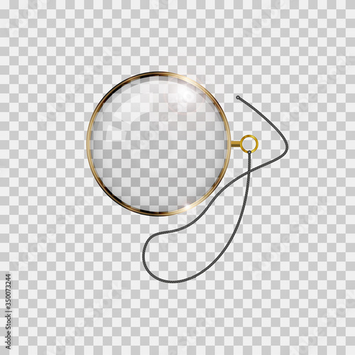 Golden monocle with lace isolated on checkered transparent background. Realistic vector illustration. photo