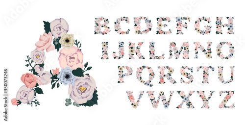 Floral alphabet. Letters with flowers and leaves. Alphabet spring and summer flowers. Vector isolated illustration on white background