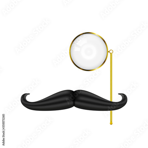 Golden Monocle and Mustache, gentleman's set, vector illustration isolated on white.