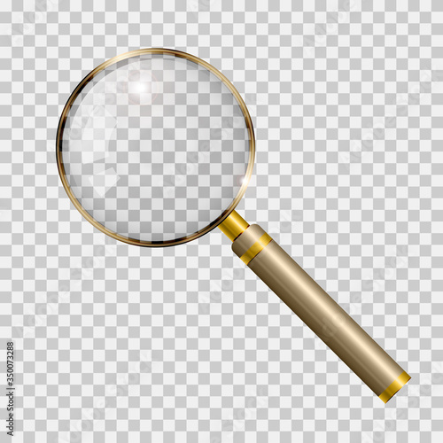 Magnifying glass realistic vector illustration. Golden magnifier isolated on transparent background.