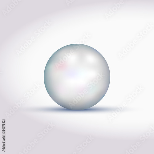 Big white pearl with shadow. Shiny oyster pearl, sphere shiny sea pearl. Realistic jewelry object. Realistic jewelry object. Vector illustration.