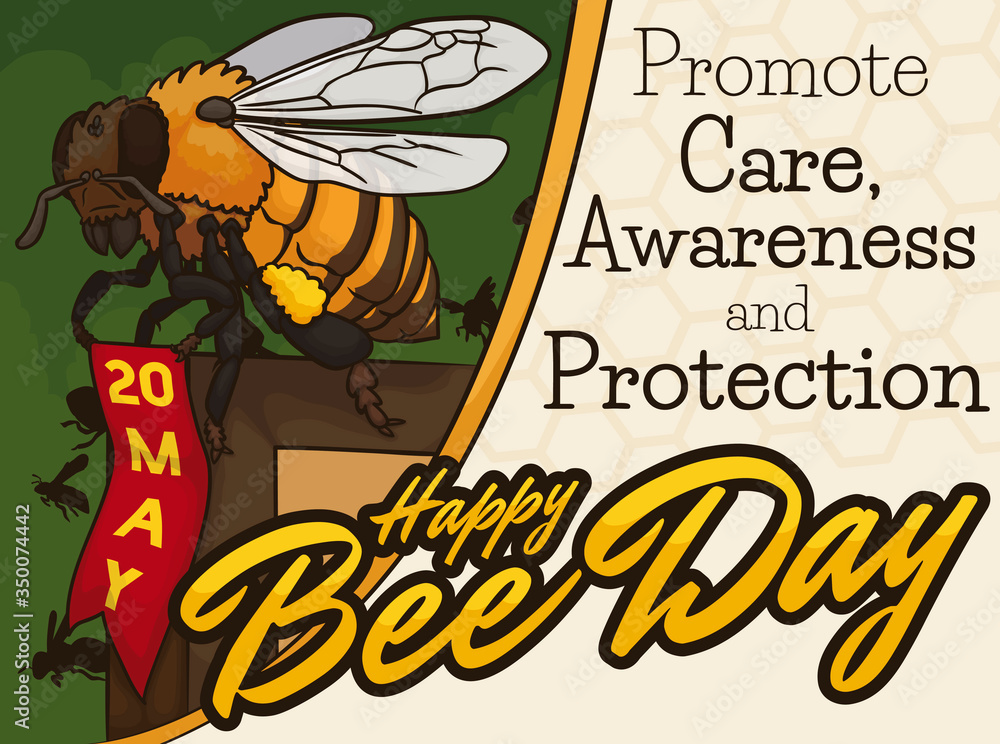 Bee over Honeycomb Holding a Ribbon to Celebrate Bee Day, Vector Illustration Bee over Honeycomb Holding a Ribbon to Celebrate Bee Day, Vector Illustration