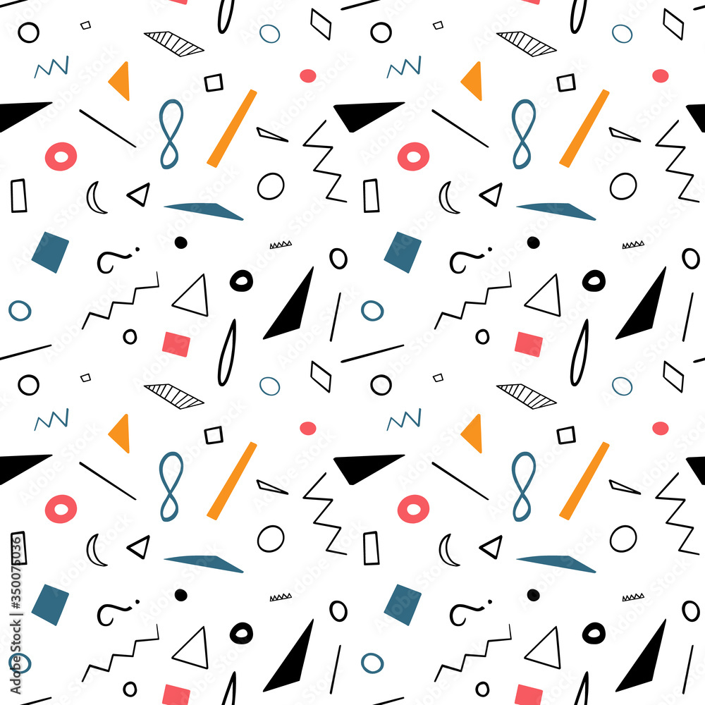 Geometrical abstract shapes seamless pattern with red, blue, yellow and black elements on white background. Circle, square, triangle print for textile, texture, apparel, fabric. EPS10 Geometrical abstract shapes seamless pattern with red, blue, yellow and black elements on white background. Circle, square, triangle print for textile, texture, apparel, fabric. EPS10
