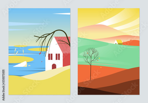 Countryside landscape poster design, seaside house and house on the hill