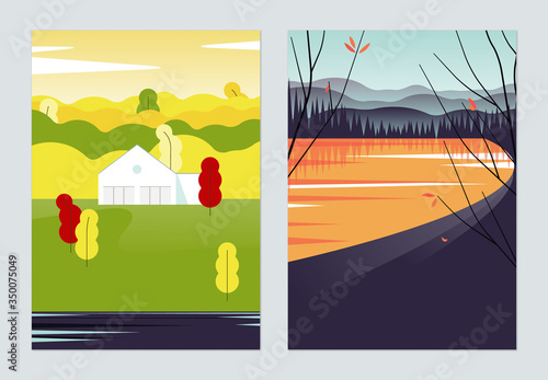 Countryside landscape poster design, house in the forest and lake in the forest