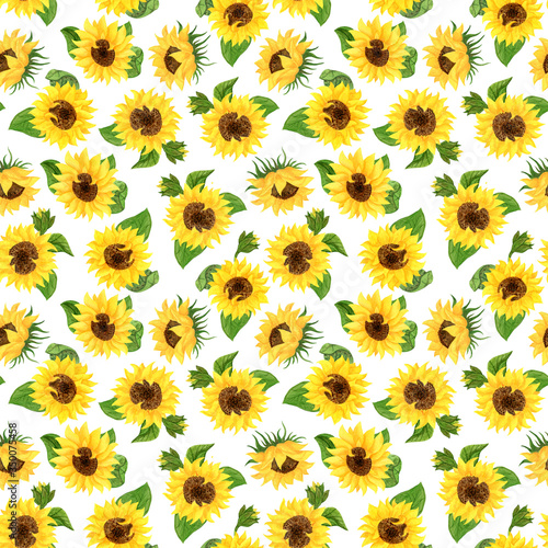 Seamless pattern of yellow sunflowers with green leaves. Holiday design. Botanical watercolor illustration. Clipart on a white background