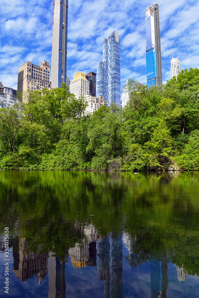 Green Spring foliage and city skyline reflecting in pond, Central Park, New York