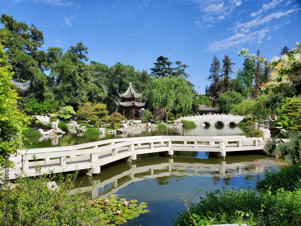 April 2019, California: Beautiful cloud reflections off the lake water in landscaped gardens with beautiful flowers, bushes, trees, bridges and buildings in southern California
