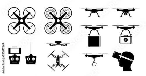 Drone icon set with gadget and accessories. Vector icons of drones in top and side view. Drone remote controller with phone screen, camera, claw, and FPV goggles. Drone send parcel and medical supply.