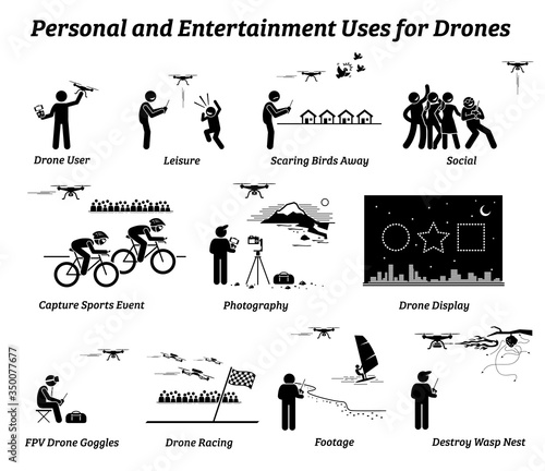 Drone usage and applications for personal and entertainment. Vector icons of drones uses on leisure, social, sports event, photography, record footage, racing game, display, and scaring birds away.