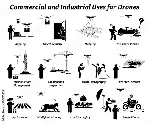 Drone usage and applications for commercial and industrial work. Vector icons of drones uses on shipping, delivery, mapping, infrastructure, construction, weather, agricultural, and land survey.