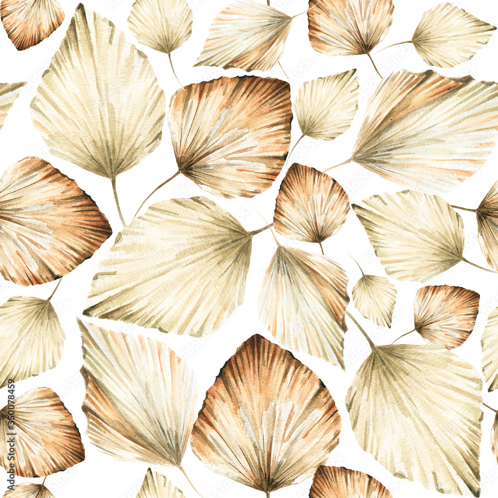 Watercolor boho seamless pattern - hand painted tropic dried palm leaves and branches. Romantic floral bohemian set perfect for fabric textile, wedding cards or scrapbooking Watercolor boho seamless pattern - hand painted tropic dried palm leaves and branches. Romantic floral bohemian set perfect for fabric textile, wedding cards or scrapbooking