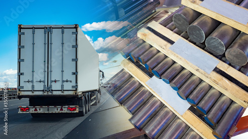 Automobile transportation of aluminum billets. Delivery of aluminum. Aluminum on pallets against the background of a truck. Transportation of non-ferrous metals. Freight traffic.
