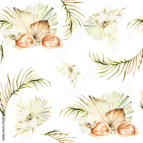 Watercolor seamless summer pattern - hand painted sunglasses and tropic palm leaves, dry grass, flower of white orchid. Perfect for fabric textile, wedding cards or scrapbooking