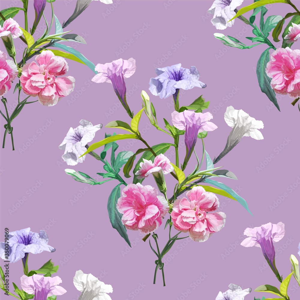 Ruellia tuberosa purple spring flower seamless pattern vector illustration