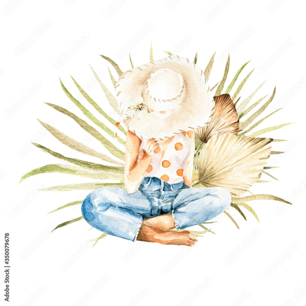 Watercolor summer set - hand painted fashion girl in hat with dried tropic palm leaves. Romantic illustration perfect for fabric textile, vintage paper or scrapbooking