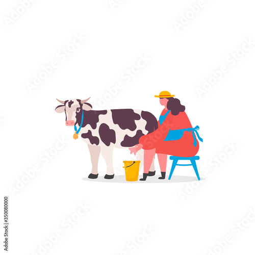 Young Milkmaid Woman Farmer in Uniform near Cow. Milk and Dairy Agriculture Products concept. Vector Illustration
