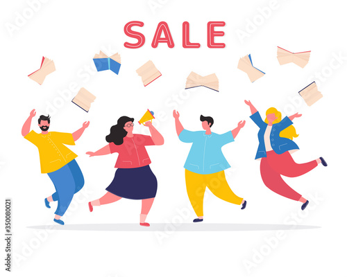 Book club, book store. Banner. Sale.  People and  flying books. Colorful vector illustration for literary or festival, advertising, event promoters.