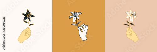 Set of Female Hand logos in a minimalist linear style. Vector emblems and Badges with a woman's hand and Lily flowers
