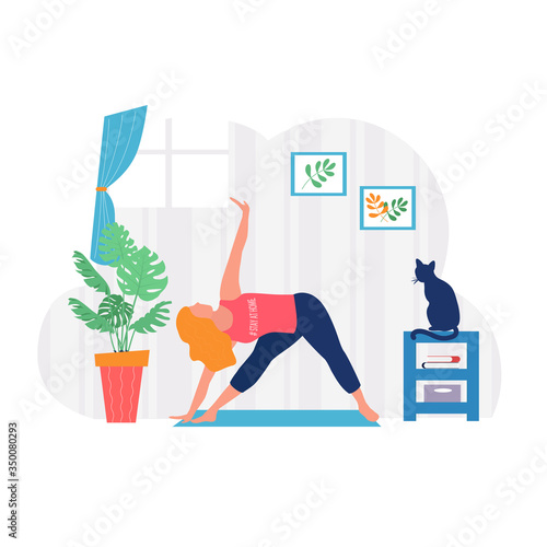 Woman doing yoga at home vector illustration. Healthy lifestyle. Meditation. Relaxed young woman enjoying rest. Vector Illustration