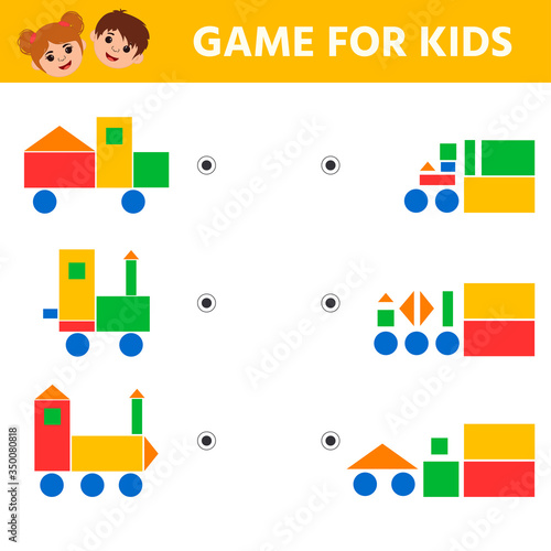 Education logic game for preschool kids for the development of logical thinking. Connect the details and  colorful geometric shapes. Preschool worksheet activity. Children funny riddle entertainment